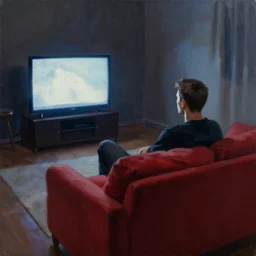 dark oil realistic painting of a man in a red sofa watching the glowing television in the living room