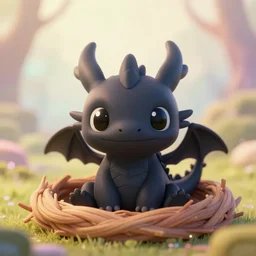 a portrait of a cute happy tiny black chibi dragon in a nest, black eyes, artstation, by magali villeneuve, depth of field, beautiful lighting, pastel colors, bokeh, fantasy art, award - winning art