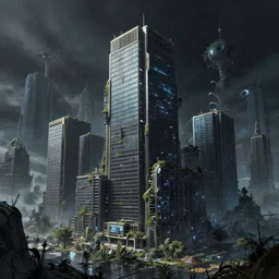 a beautiful very detailed rendering of city abandoned office building by wolf d. prix, alien anime cosmic bioshock architecture island darkacademia retrowave dramatic lighting crystal studio ghibli forest assassin's creed wilderness, archdaily, wallpaper, highly detailed, trending on artstation.