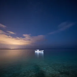 boat on a peaceful sea at night full of stars night dawn clear waters light clouds skies