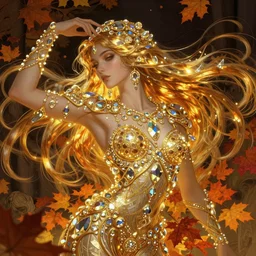 illustration of a woman with long hair, iridescent and golden, refractive crystal jewelry, halloween, autumn, fall colors, leaves, hyper detailed, character concept, dynamic pose, glowing lights, intricate, elegant, highly detailed, digital painting, artstation, concept art, smooth, sharp focus, illustration, art by chris sanders and greg rutkowski and alphonse mucha