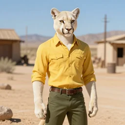 beautiful portrait commission of a male Furry Anthro albino mountain lion Fursona wearing a yellow button-down shirt, olive green slacks on the streets of a desert western town. Atmospheric. Renowned character illustration by greg rutkowski, thomas kindkade, alphonse mucha, loish, norman rockwell. detailed, inked, western comic book art