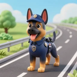 police dog german sheperd, 3 d model, cartoony, unreal engine, 4 k, artstation, hyperrealistic, ultra quality, blue uniform, badge on collar, pixar, on a highway offramp
