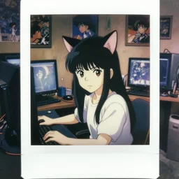 a film still polaroid portrait of a 1 9 8 0's young catgirl at a gaming pc, finely detailed features, perfect art, busy room, gapmoe yandere grimdark, trending on pixiv fanbox, painted by ilya kushinov makoto shinkai takashi takeuchi studio ghibli, akihiko yoshida, sachin teng, huang guangjian, artstation