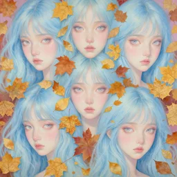 breathtaking detailed concept art painting pattern with gradient pastel colors of blue hair faces goddesses amalgamation autumn leaves with anxious piercing eyes, by hsiao - ron cheng and james jean, bizarre compositions, exquisite detail, 8 k