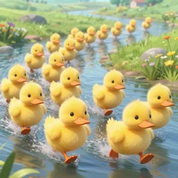 fluffy yellow ducklings racing exhuberantly down the river, a scene from the pixar movie duckling race | highly detailed | cinematic lighting | pixar | anime | award - winning | matte painting by anton fadeev and paul lehr and rhads and alena aenami | pastel color palette | featured on artstation hq