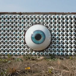 photograph of a wall made of eyeballs in the middle of a strange landscape
