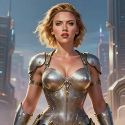 realistic, sweaty muscular scarlett johansson in bubblegum crisis anime style armour, upper body, desktop wallpaper, d & d, fantasy, intricate, elegant, highly detailed, digital painting, futuristic city landscape, artstation, concept art, smooth, sharp focus, illustration, art by artgerm and greg rutkowski and alphonse mucha