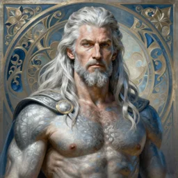 painted portrait of rugged odin, god of wisdom, norse god, white hair, masculine, mature, handsome, upper body, blue and silver, muscular, hairy torso, fantasy, intricate, muscular, elegant, highly detailed, digital painting, artstation, concept art, smooth, sharp focus, illustration, art by gaston bussiere and alphonse mucha