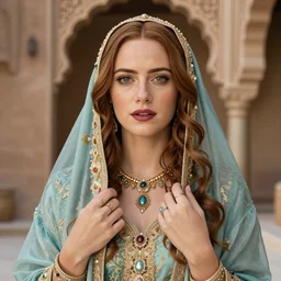 portrait of emma stone as princess jasmine in persian palace, by charlotte grimm, natural light, detailed face, beautiful nails,, canon eos c 3 0 0, ƒ 1. 8, 3 5 mm, 8 k, medium - format print, half body shot