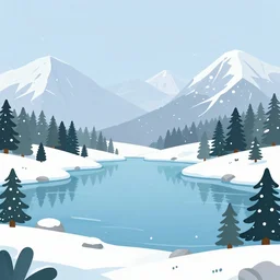 A lake between mountains, winter, snow is falling, cartoon, 2D