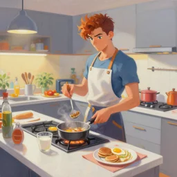 tracer from overwatch cooking breakfast in a modern kitchen. intricate painting by ross tran, magali villeneuve, and jeremy mann.