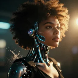 a 3 5 mm photo of a beautiful woman with cybernetic details led lights and neon with chrome details, dark, chiaroscuro, splash art, movie still, afrofuturism, bokeh, canon 5 0 mm, cinematic lighting, dramatic, film, photography, golden hour, depth of field, award - winning, anamorphic lens flare, 8 k, hyper detailed, 3 5 mm film grain