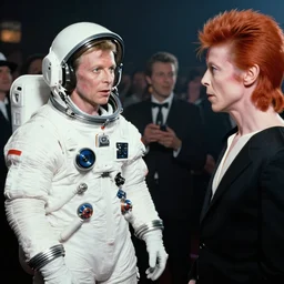 Andy Warhol wearing a spacesuit talking to David Bowie at a party. Candid photo, flash, 1966, 35mm, by Andy Warhol.