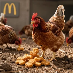 photo of a farm chicken eating McDonalds chicken nuggets