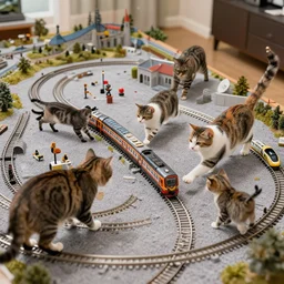 a huge model railroad being attacked by cats,