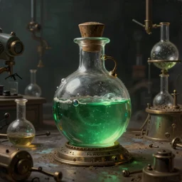 a painting of a steampunk potion bottle filled with green liquid in a dark dusty vintage science lab, by h. r. giger, hyperrealistic fantasy art, concept matte, ethereal, dreamy, digital art, trending on artstation, volumetric cinematic lighting