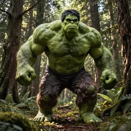 the Incredible Hulk as a Sasquatch in the forest
