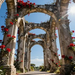 broken arches leading to the pillars of eternity draped with red flowers and vines, blue sky, lens flare, a sense of mystery, cinematic, ultra detailed, intricate, sharp focus, trending on artstation, 8K, cubism by Picasso
