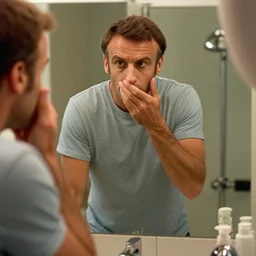 Emmanuel Macron doing his morning routine in American Psycho (1999)