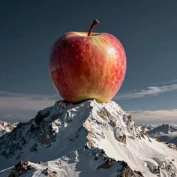 close-up photograph of an apple at the top of Mount Everest, stunning detail, gorgeous composition, studio lighting, 50mm lens