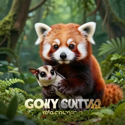 cute fluffy cross between red panda and sugar glider in a lush jungle, studio lighting, award winning