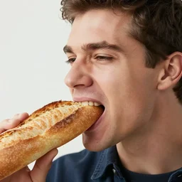 closeup portait of a man being eaten by a giant baguette, natural light, sharp, detailed face, magazine, press, photo, Steve McCurry, David Lazar, Canon, Nikon, focus