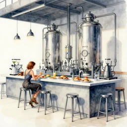 cafe factory with breakfast and brunch, hyperrealistic watercolor cannabis land distillery laboratory. by rembrant, battle angel alita, ralph mcquarrie, aluminum, 1 6 6 7