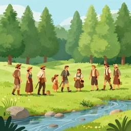 a group of peasants near a stream, forest