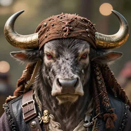 incredibly realistic, too detailed face of buffalo pirate buffalo, octane render, bump mapping, macro image, global illumination, 8 k, bokeh, xenoblade, d & d, elder scrolls, one piece