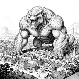 highly detailed ink illustration of a huge mumakil amid a aktive town, b & w clean shaped illustration by kim jung gi