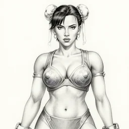 scarlett johansson as chun li with perfect symmetrical anatomical proportions, afro samurai animes style, by greg rutkowski, pencil and ink, dramatic lighting, lying down, wide angle lens, full body within frame, swim suite, beautiful beach in the background, magazine cover, vogue