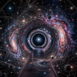a multiverse hypertube hallway made of 4 d quantum expanding entangled particulate galaxies, cosmic, supernova, 8 k, ultra detailed