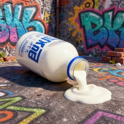 a milk bottle on it\'s side spilling out urban street art, graffiti, bricks, bling, 3d, fake caustics, cinema 4d, maxon one, trending on behance, strong composition, Beautiful colors.
