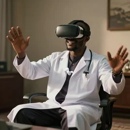 paparazzi photo of an north sudanese man dressed as doctor smiling wearing a vr headset in a sitting room, dynamic shot, high quality, dramatic lighting, high definition, movie scene