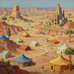colored merchant tents sprawl throughout hematite claystone badlands, matte oil painting, retrofuturistic science fantasy, shrines, trees, rpg, epic, extremely detailed, sharp focus, 4 k