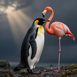 a penguin with the body of a turtle and the legs of a flamingo