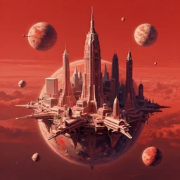 detailed concept art of a fantastic space city on a tiny planet with multiple little moons and maybe some cute satellites against a breathtaking sky, by syd mead, by noah bradley, fantasy art, octane, by simon stalenhag, red colour scheme