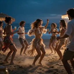 Animals dancing at a party at the beach, cinematic, atmospheric, 8k resolution, Hyperrealistic