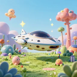 A fancy alien spaceship abandoned on a magical biome of oddities, slimy plants and trees, goofy, sparky, positive vibes, behance, artstation, unreal render, unreal engine 5, octane, smooth, 8k
