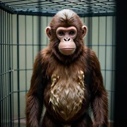bald white man wearing a monkey suit inside a cage. 5 0 mm f 5. 7