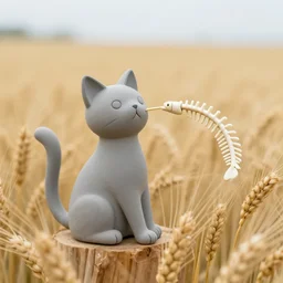 gray clay figure cat with fishbone in wheat field