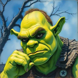shrek. beautiful, realistic painting by mucha and kuvshinov and bilibin and malevich. synthwave watercolor, thick lining, manga, soviet realism