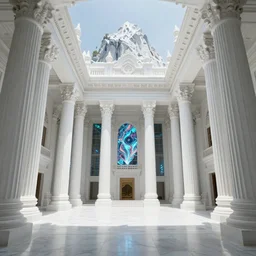 the interior of a beautiful white temple carved into a mountain, large white halls with gigantic pillars, marble floor, digital artwork, fantasy, epic, realistic, high quality, detailed, wallpaper,