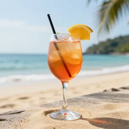 an aperol spritz on a beach in thailand, photography, product placement, insane details, high quality, 4 k, volumetric lights