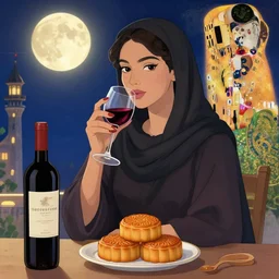 portrait of the most beautiful arabian lady enjoying wine and mooncake, very detailed, wine bottle, beautiful mooncake, moonfestival decoration, mid autumn fesitval, by artgem, victo ngai, makoto shinkai, by klimt and nixeu and ian sprigger and wlop and krenz cushart