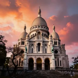 abandoned Basilica of Sacré Coeur de Montmartre, toxic orange and pink clouds strain the sunlight, stark contrasting lighting, contrejour, a two-headed mutated deer-like creature looks on in the distance from the sparse twisted silhouetted foliage, a highly detailed colorful matte painting by Ian McQue and Andreas Rocha, featured on Artstation, Unreal Render, 8k HDR, fisheye