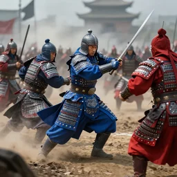 mid action shot cinematic artwork of warriors in blue armor fighting warriors wearing red Chinese armor on the battlefield by greg rutowski, masterpiece, 4k
