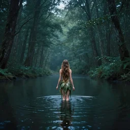 forest nymph rising from the water. view from behind, wide angle view, back view. nuri iyem, james gurney, james jean, greg rutkowski, anato finnstark. trending on artstation, starlight, and enchanted dreams. instagram photo shoot, sigma 3 5 mm, award winning photography, her left hand behind her