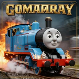 gamma ray album cover featuring photo of thomas the tank engine on fire, power metal album cover, trending on artstation, intricately detailed, highly detailed, classic, award winning